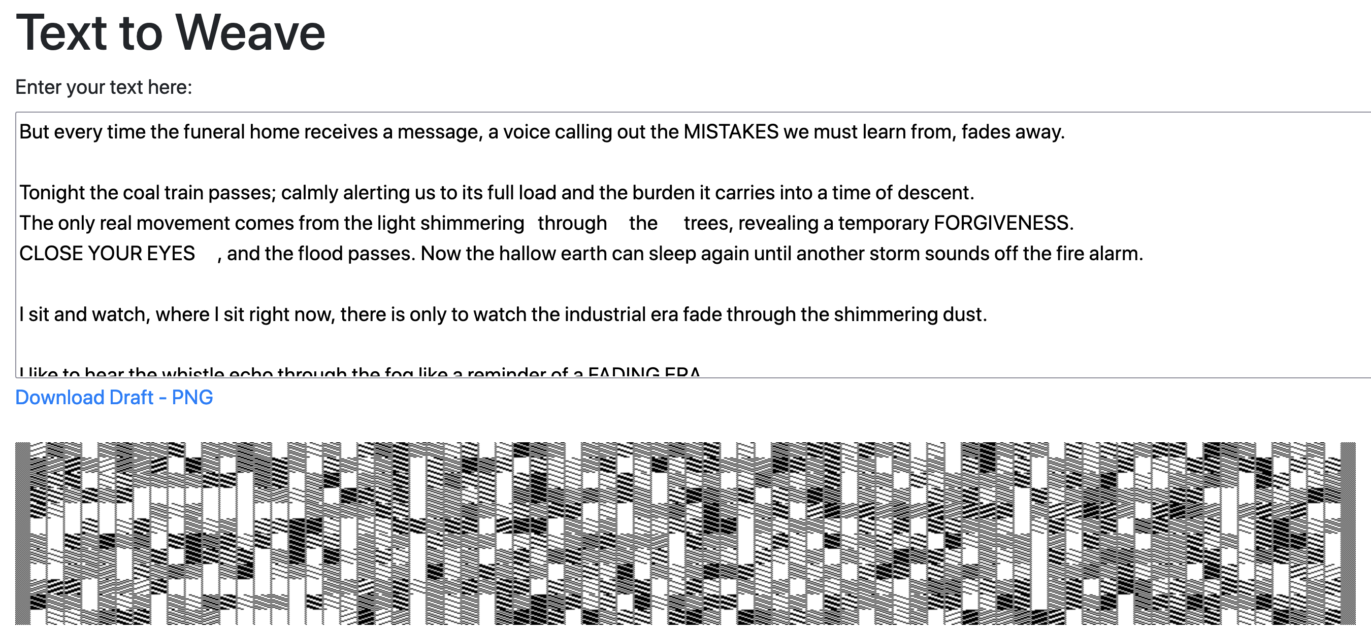 Screenshot of the Text to Weave interface. The image contains a text input filled with a poem and bellow, the corresponding weave draft.